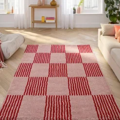 Alfombra interior con motivo damero rojo y rosa