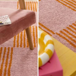 Alfombra interior con patrón damero naranja y rosa