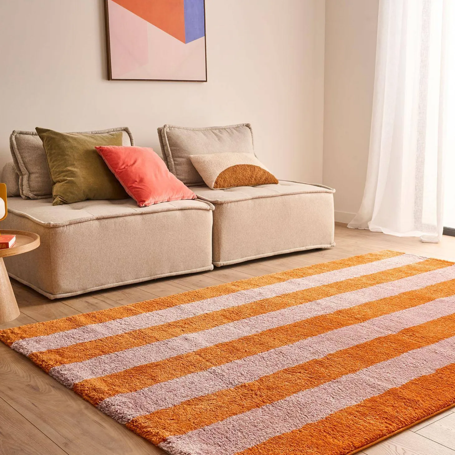 Alfombra interior con rayas naranja y rosa