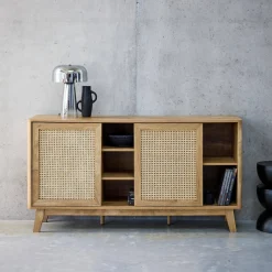 Aparador con 2 puertas correderas y estantes efecto madera y caña, 150cm