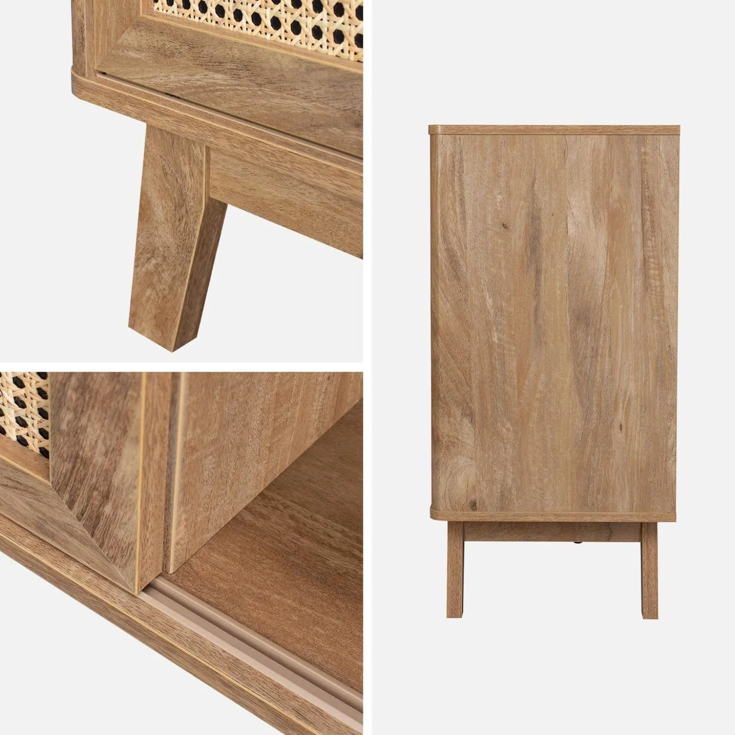 Aparador con 2 puertas correderas y estantes efecto madera y caña, 150cm