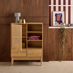 Aparador con decoración de madera y mimbre 1 puerta, 75cm