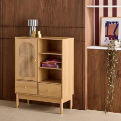 Aparador con decoración de madera y mimbre 1 puerta, 75cm
