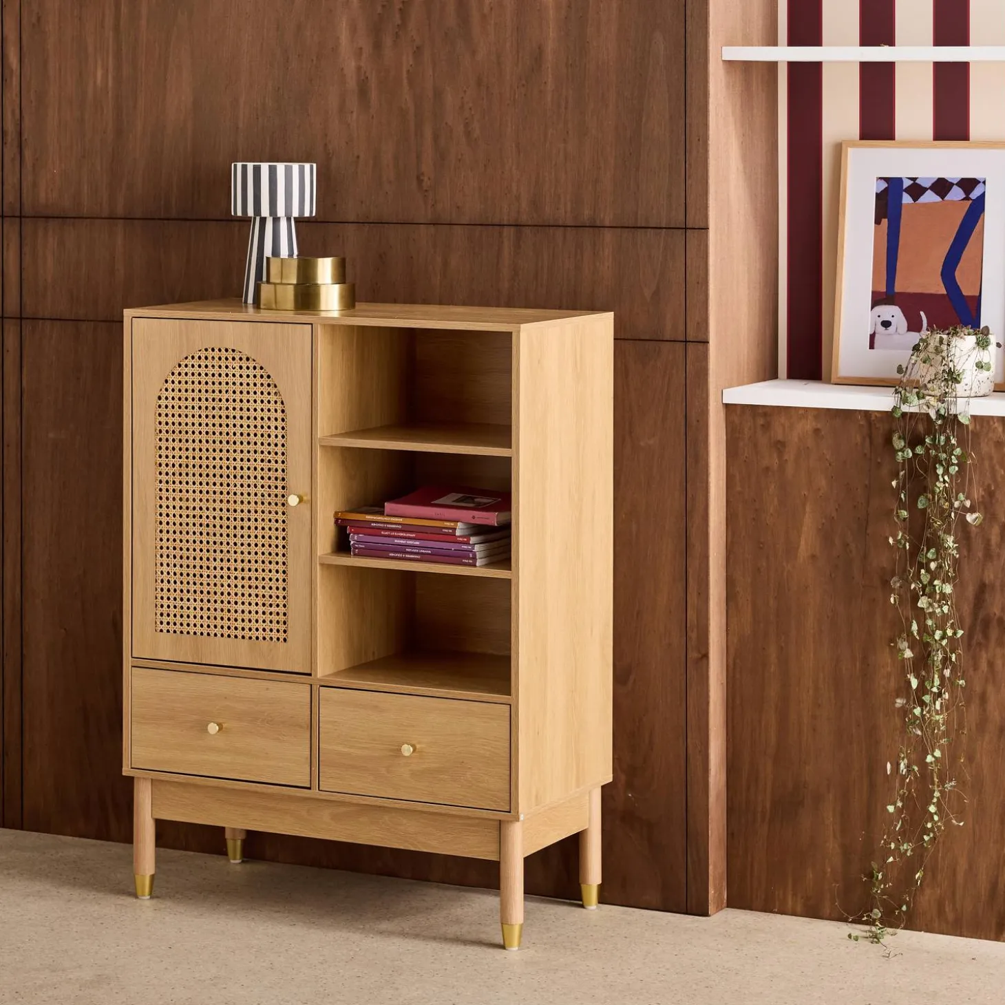 Aparador con decoración de madera y mimbre 1 puerta, 75cm