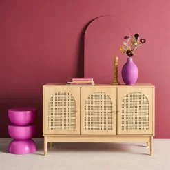 Aparador con decoración madera y mimbre 3 puertas, 120cm
