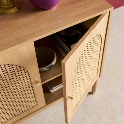 Aparador con decoración madera y mimbre 3 puertas, 120cm