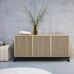 Aparador contemporáneo acanalado efecto madera 3 puertas, 160cm