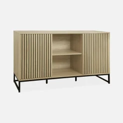 Aparador contemporáneo acanalado efecto madera de 2 puertas, 140cm