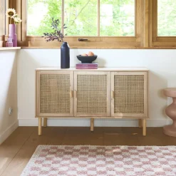 Aparador de 3 puertas con mimbre y efecto madera