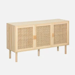 Aparador de 3 puertas con mimbre y efecto madera