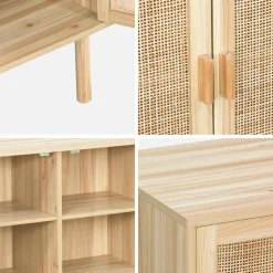 Aparador de 3 puertas con mimbre y efecto madera