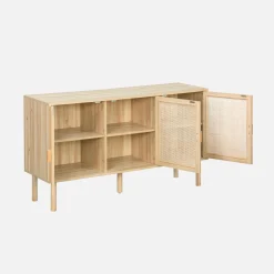 Aparador de 3 puertas con mimbre y efecto madera