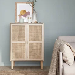Aparador de efecto caña y madera con 2 puertas, 80cm