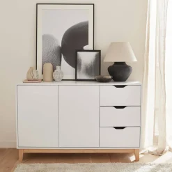 Aparador efecto madera con patas de madera 2 puertas, 120cm
