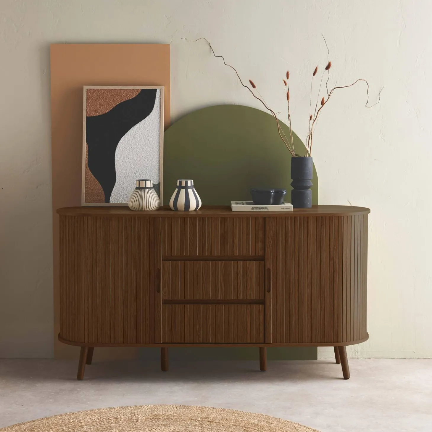 Aparador escandinavo efecto madera ranurada con 2 puertas correderas, 150cm