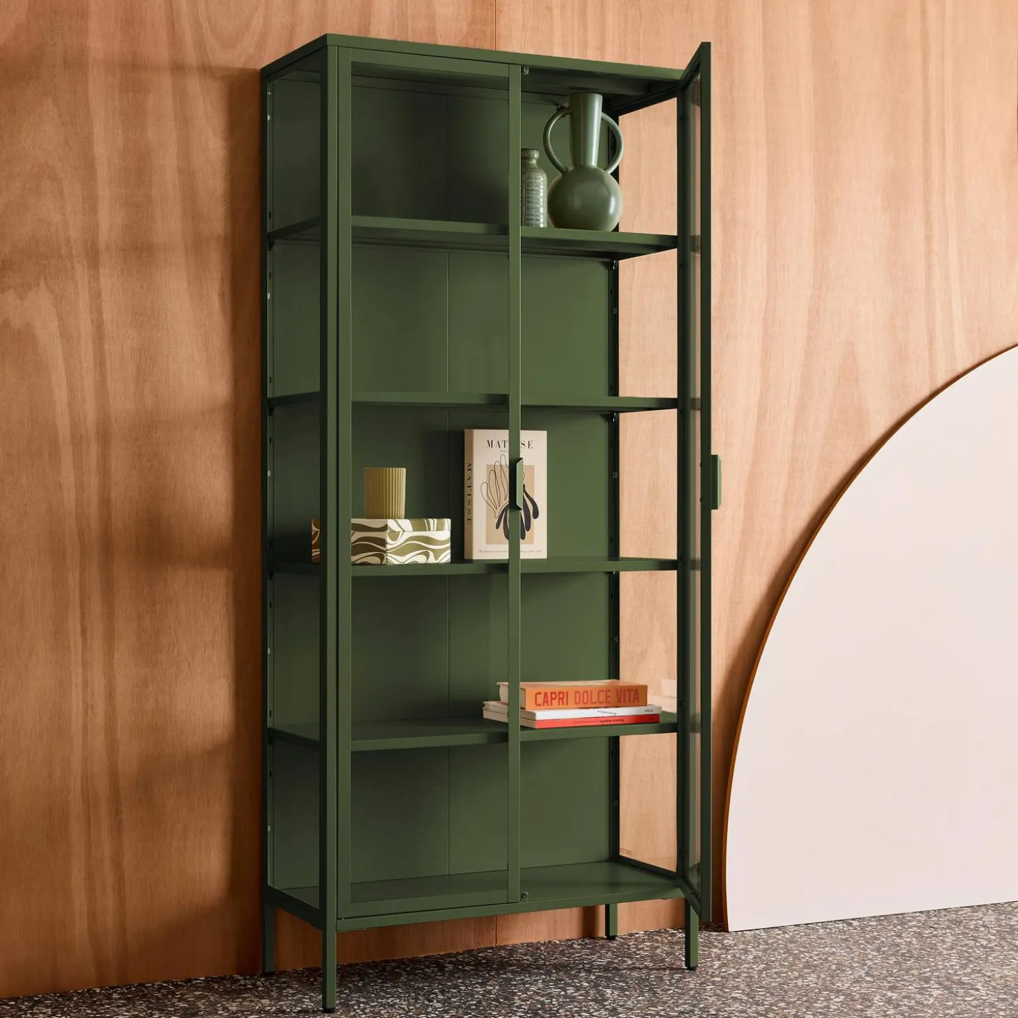 Aparador, vitrina de acero y vidrio templado con 2 puertas, 180cm
