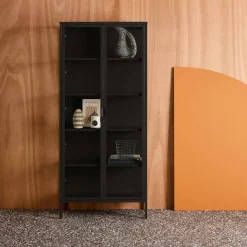 Aparador, vitrina de acero y vidrio templado con 2 puertas, 180cm