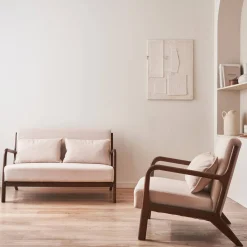 Banco de 2 plazas + sillón de tela beige, madera de hevea teñida madera oscura