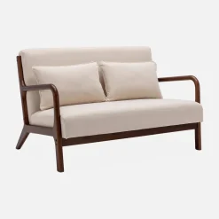 Banco de 2 plazas + sillón de tela beige, madera de hevea teñida madera oscura