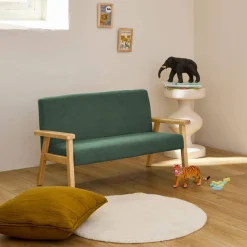 Banco infantil de pana y madera de caucho, 2 plazas