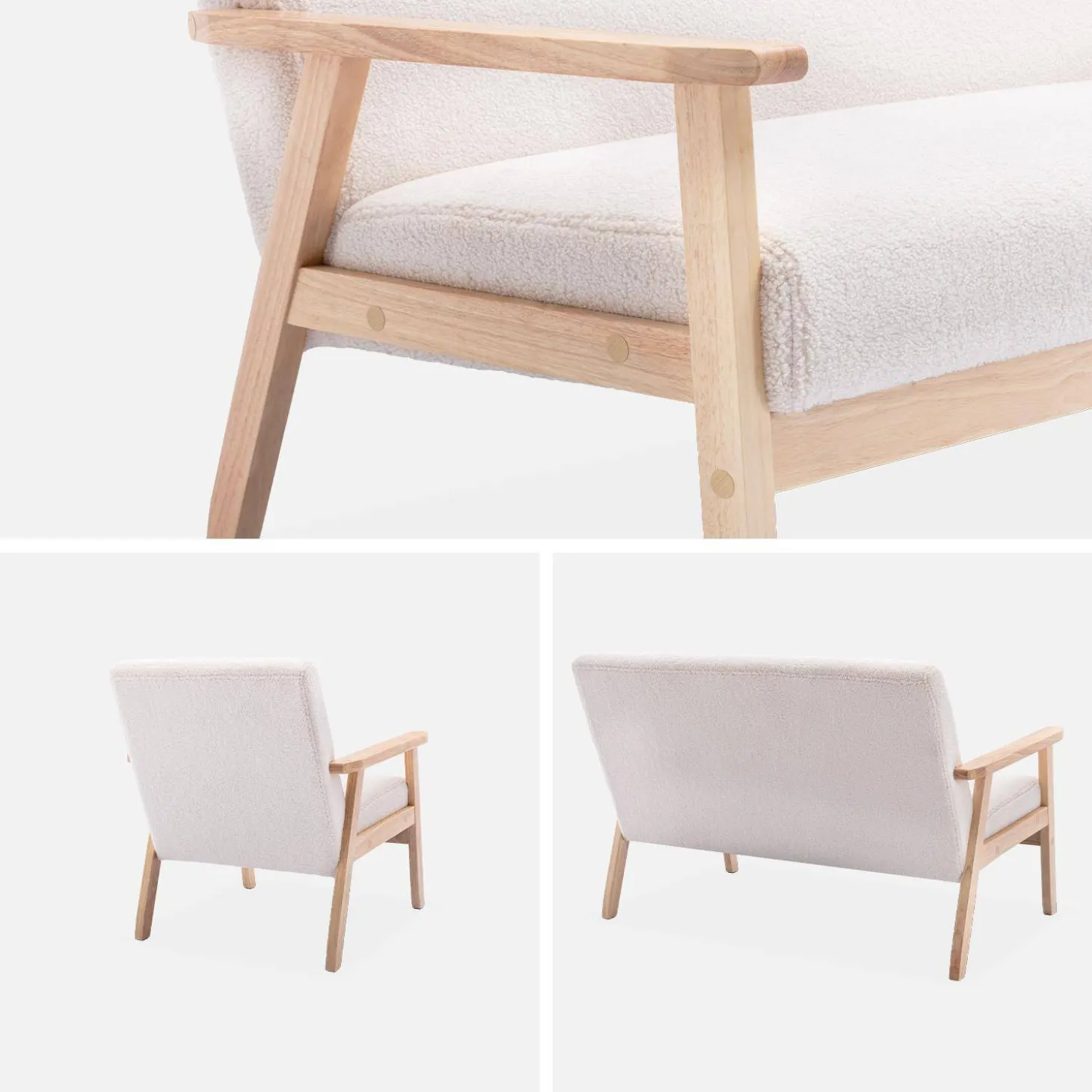 Banco y sillón borreguito y madera de caucho