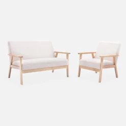 Banco y sillón borreguito y madera de caucho