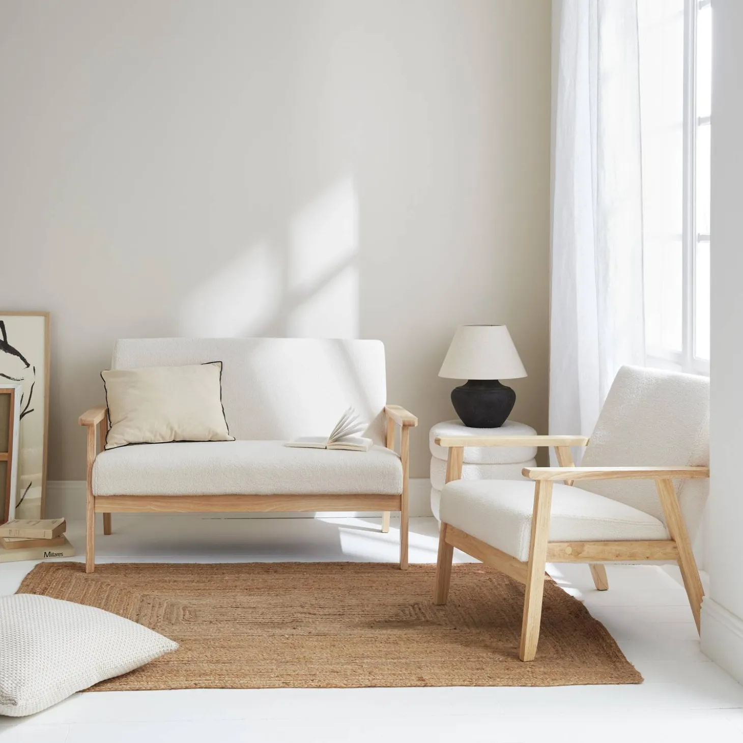 Banco y sillón borreguito y madera de caucho