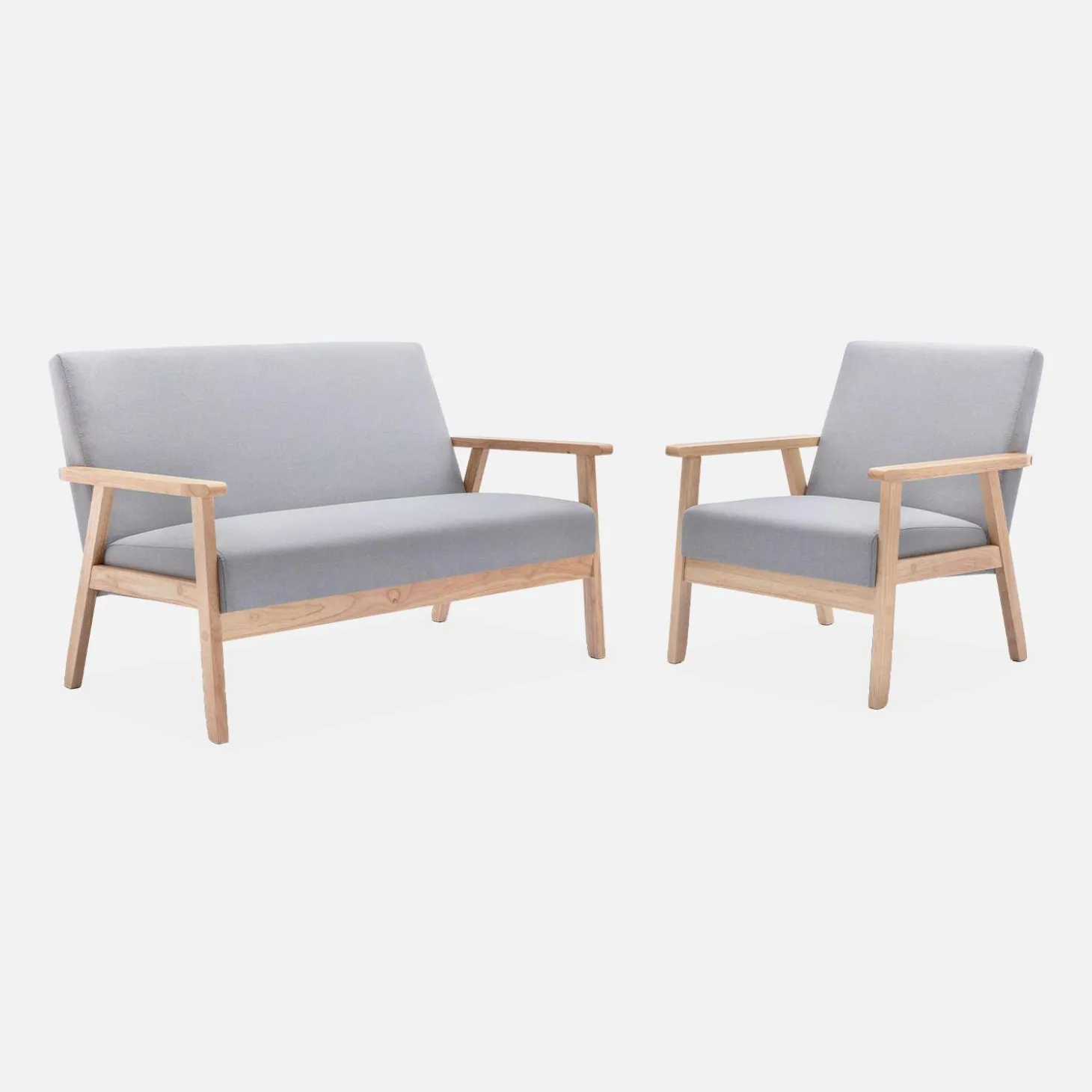 Banco y sillón de madera y tela, 3 plazas