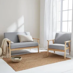 Banco y sillón de madera y tela, 3 plazas