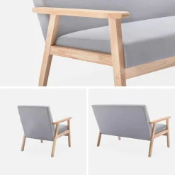 Banco y sillón de madera y tela, 3 plazas
