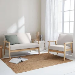 Banco y sillón de madera y tela, 3 plazas