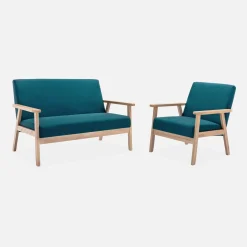 Banco y sillón de madera y tela, 3 plazas