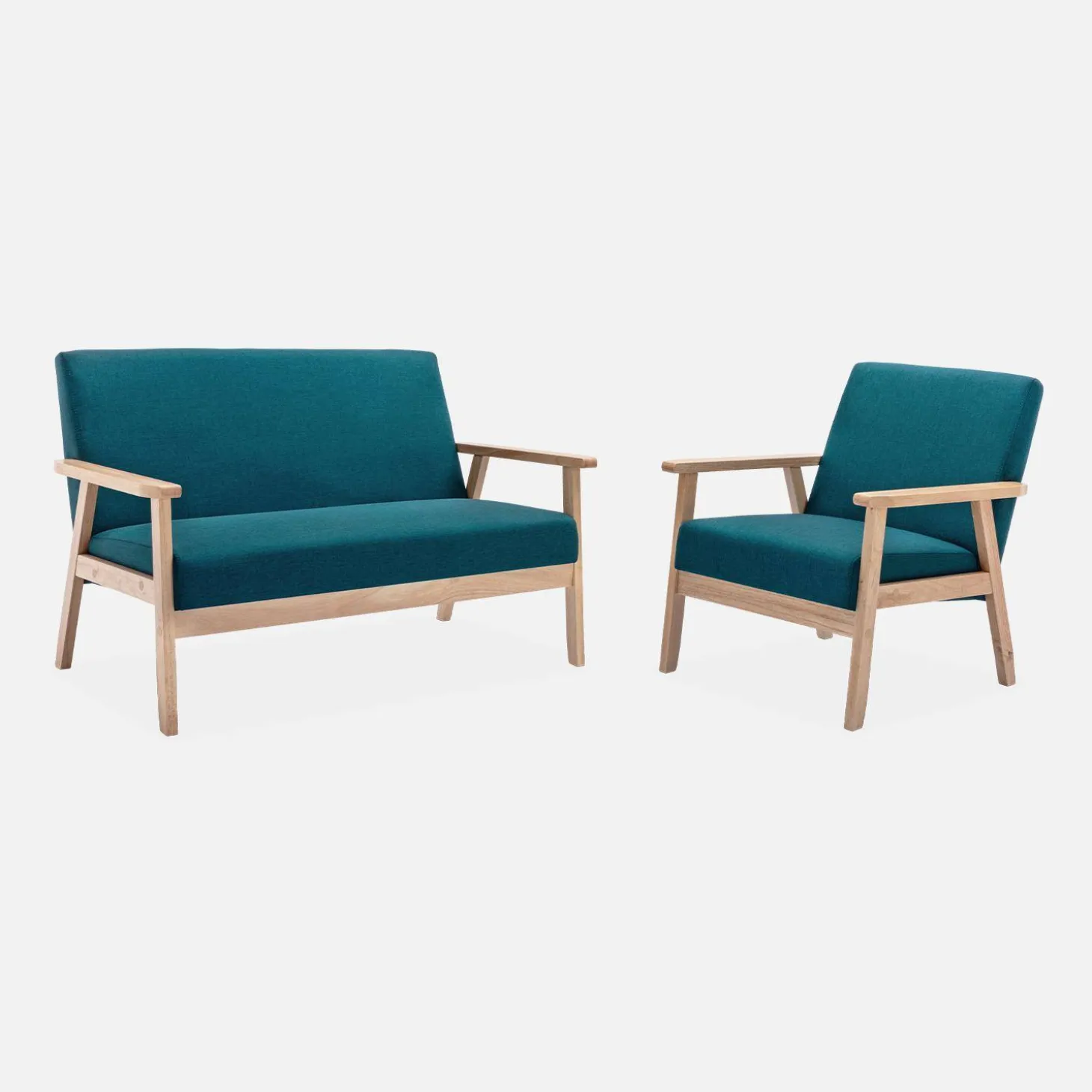 Banco y sillón de madera y tela, 3 plazas