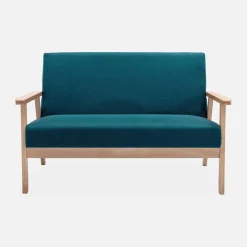 Banco y sillón de madera y tela, 3 plazas
