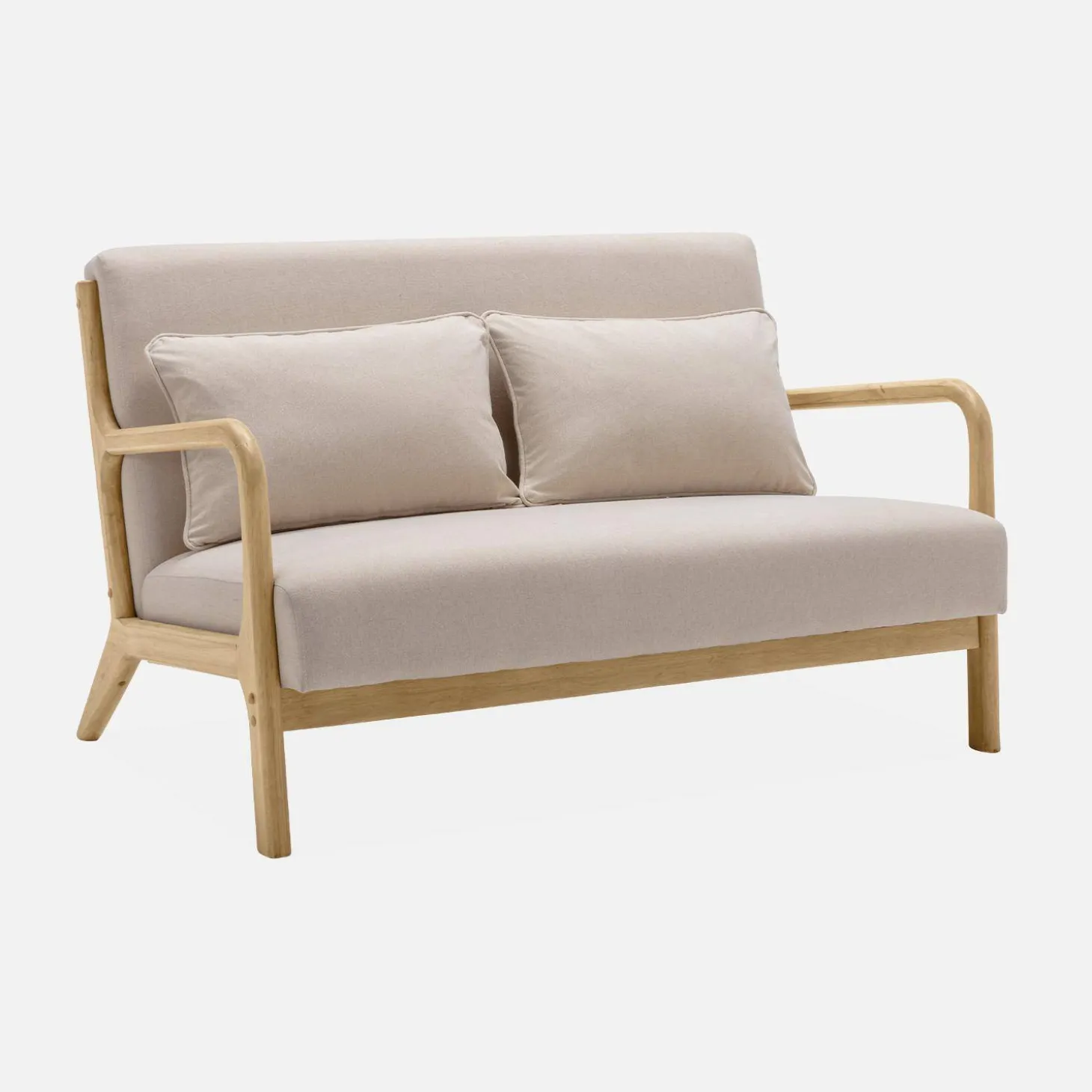 Banqueta de 2 plazas + sillón de tela beige y madera