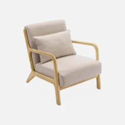 Banqueta de 2 plazas + sillón de tela beige y madera