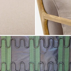 Banqueta de 2 plazas + sillón de tela beige y madera
