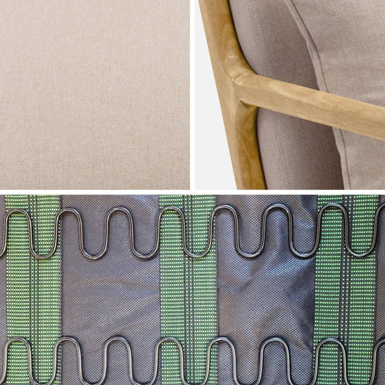 Banqueta de 2 plazas + sillón de tela beige y madera