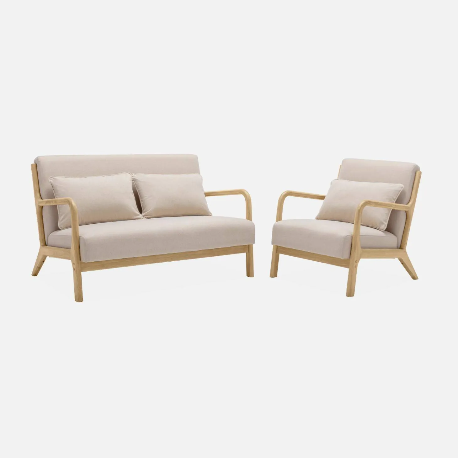 Banqueta de 2 plazas + sillón de tela beige y madera