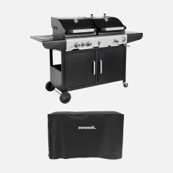 Barbacoa 2 en 1 gas y carbón, 3 quemadores con fuego lateral