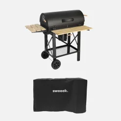 Barbacoa de carbón, parrilla y ahumador americano, ruedas y estantes abatibles con funda