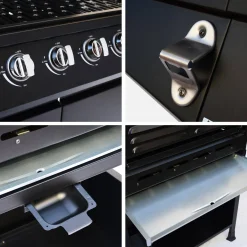 Barbacoa de gas con 6 quemadores + 1 quemador lateral con ruedas, estantes, termómetro y funda