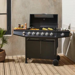 Barbacoa de gas con 6 quemadores + 1 quemador lateral con ruedas, estantes, termómetro y funda