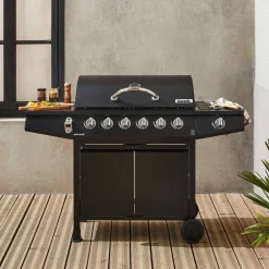 Barbacoa de gas con 6 quemadores + 1 quemador lateral con ruedas, estantes, termómetro y funda