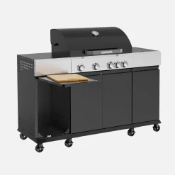 Barbacoa de gas con 4 quemadores, 1 fuego lateral, cocina exterior con estantes, termómetro y funda