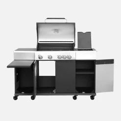 Barbacoa de gas con 4 quemadores, 1 fuego lateral, cocina exterior con estantes, termómetro y funda