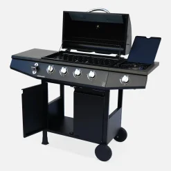 Barbacoa de gas con 4 quemadores + 1 quemador lateral con ruedas, estantes, termómetro y funda