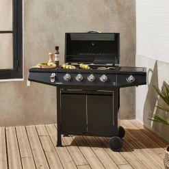 Barbacoa de gas con 4 quemadores + 1 quemador lateral con ruedas, estantes, termómetro y funda