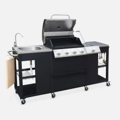 Barbacoa de gas con 4 quemadores + 1 fuego lateral, cocina exterior con fregadero y funda