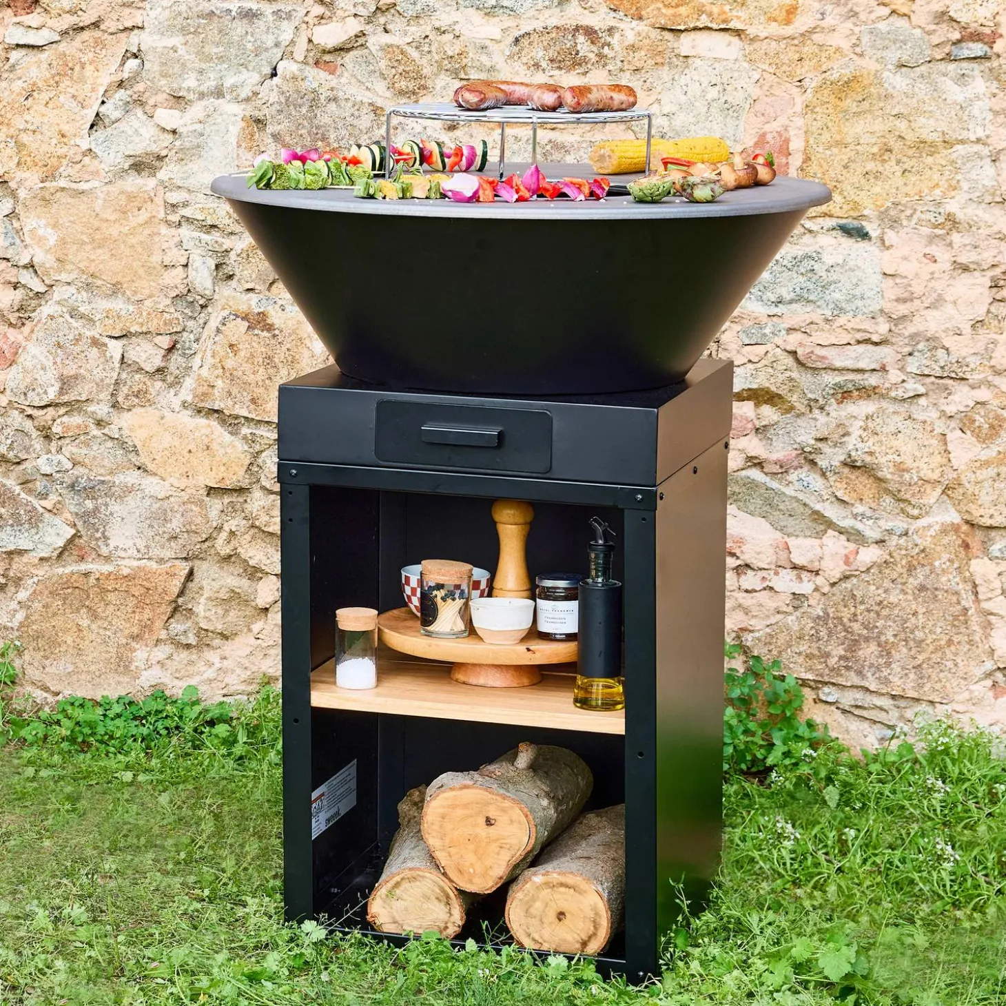 Brasero barbacoa Ø81,5cm con parrilla de cocción, espacio de almacenamiento y tapa